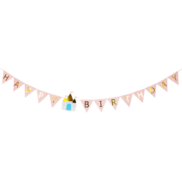 happy birthday banner with a princess castle