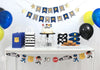 cops and robbers, police officer party table with a birthday banner, police garland, masks and cupcake toppers