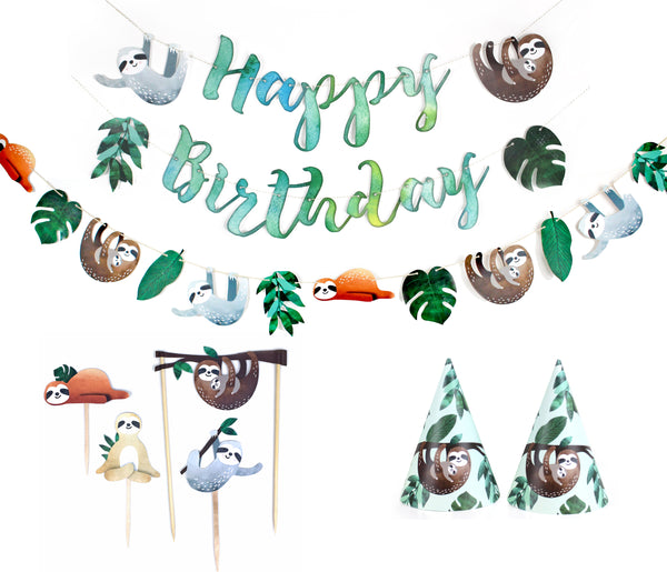 sloth party decorations kit with a happy birthday banner, garland, cupcake toppers and party hats