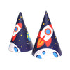outer space party hats with red rocket ship