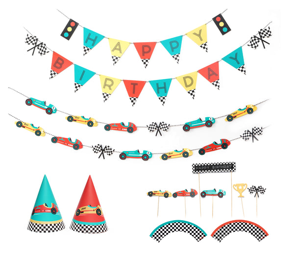Vintage Race Car Birthday Party Decoration Kit - 12 guests